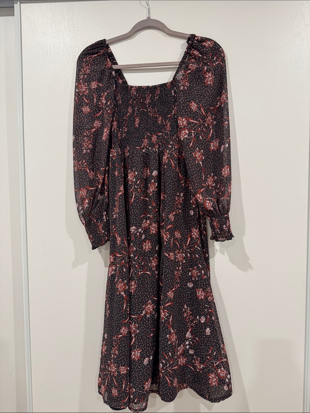 Black Floral Smocked Midi Dress with Puff Sleeves